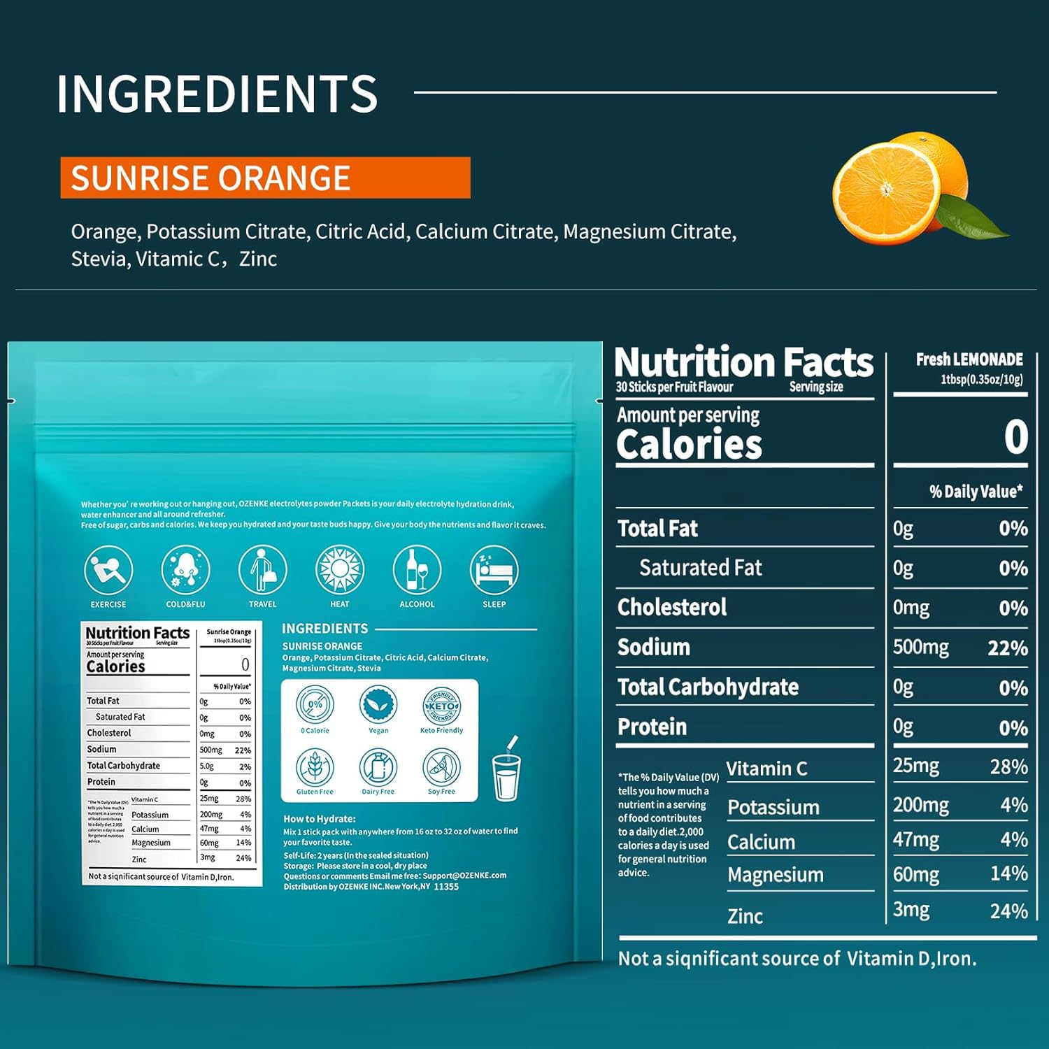 OZENKE Electrolytes Powder Packets - 30 Sticks Sugar-Free Hydration Mix - Orange Flavor, 0 Calorie Rapid Hydration Drink