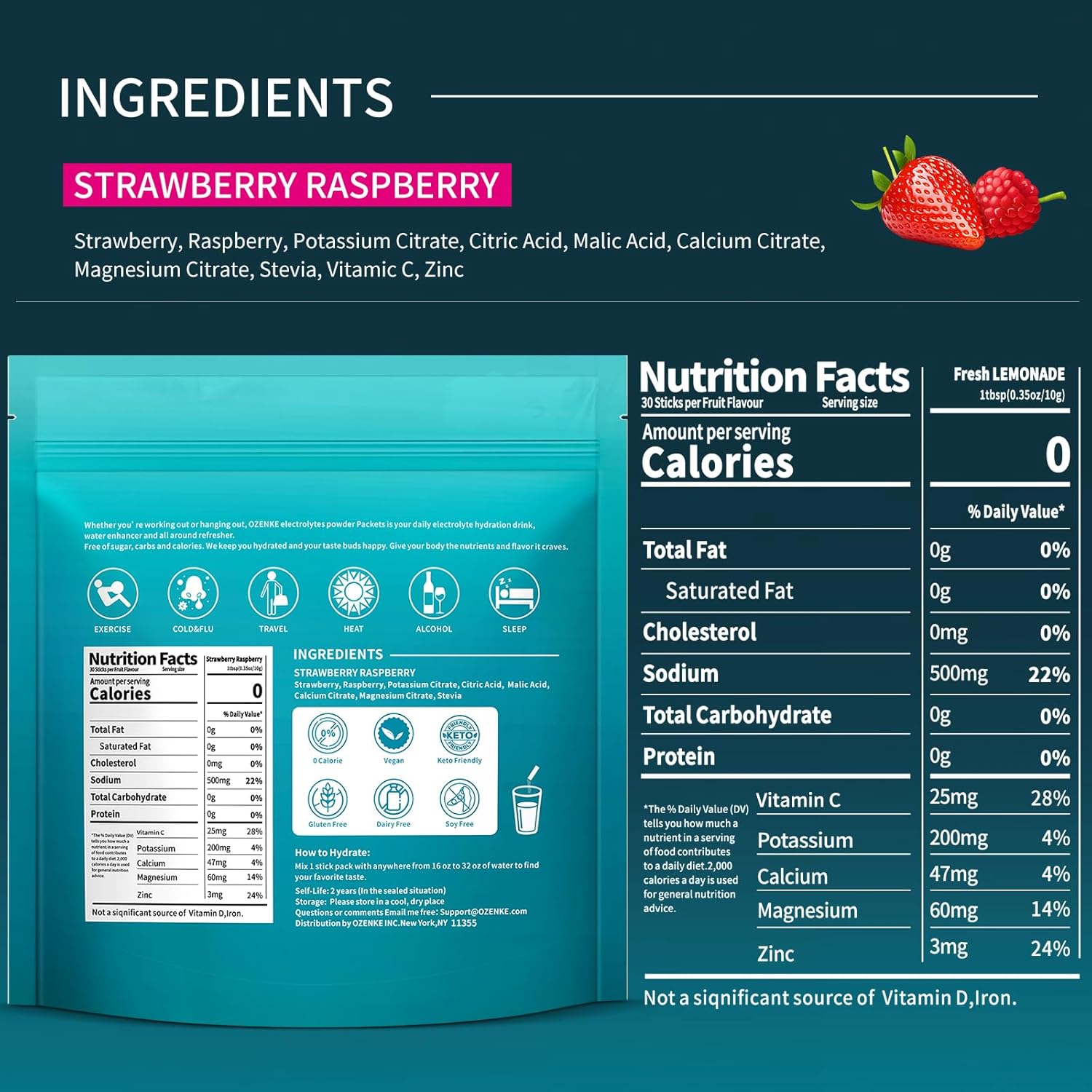 OZENKE Electrolytes Powder Packets - 30 Sticks, Sugar Free Hydration Drink Mix for Rapid Hydration - Strawberry & Raspberry Flavor