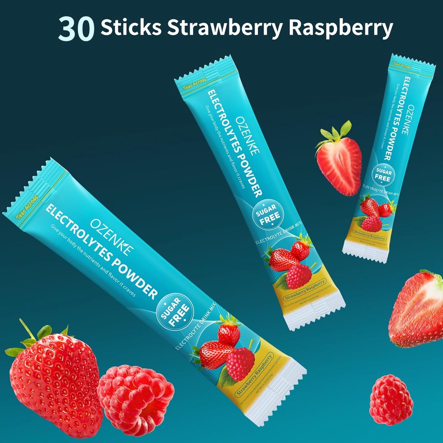 OZENKE Electrolytes Powder Packets - 30 Sticks, Sugar Free Hydration Drink Mix for Rapid Hydration - Strawberry & Raspberry Flavor