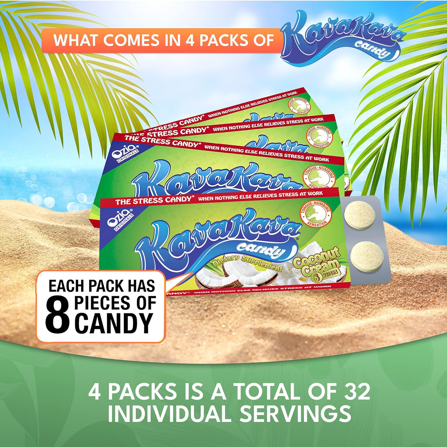Ozia Originals Kava Kava Candy - Stress Relief Supplement with Kava Extract, 32 Candies, Natural Chill Pill for Positive Mood - Coconut Cream Flavor