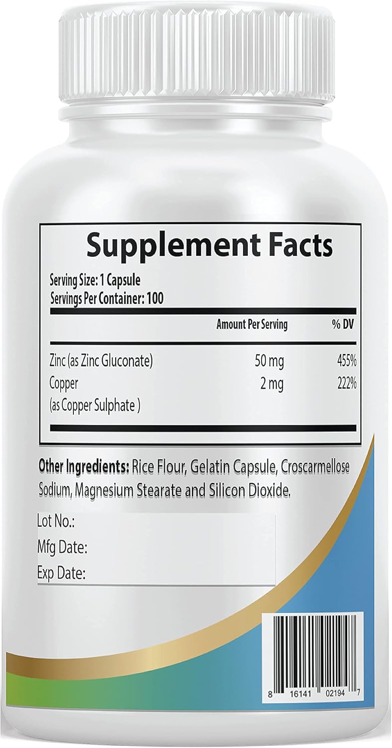 Pacific Nature's Immune Support Zinc Copper Supplement - 100 Capsules with Zinc Gluconate and Copper Sulphate - Gluten Free, Non-GMO Formula