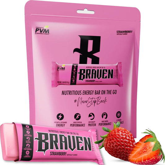 Pack of 10 Braven Bar Strawberry Energy Chews - 5g Protein, Gluten-Free Snacks for Running, Hiking, and Sports - On-the-Go Energy Boost (1.59 oz)