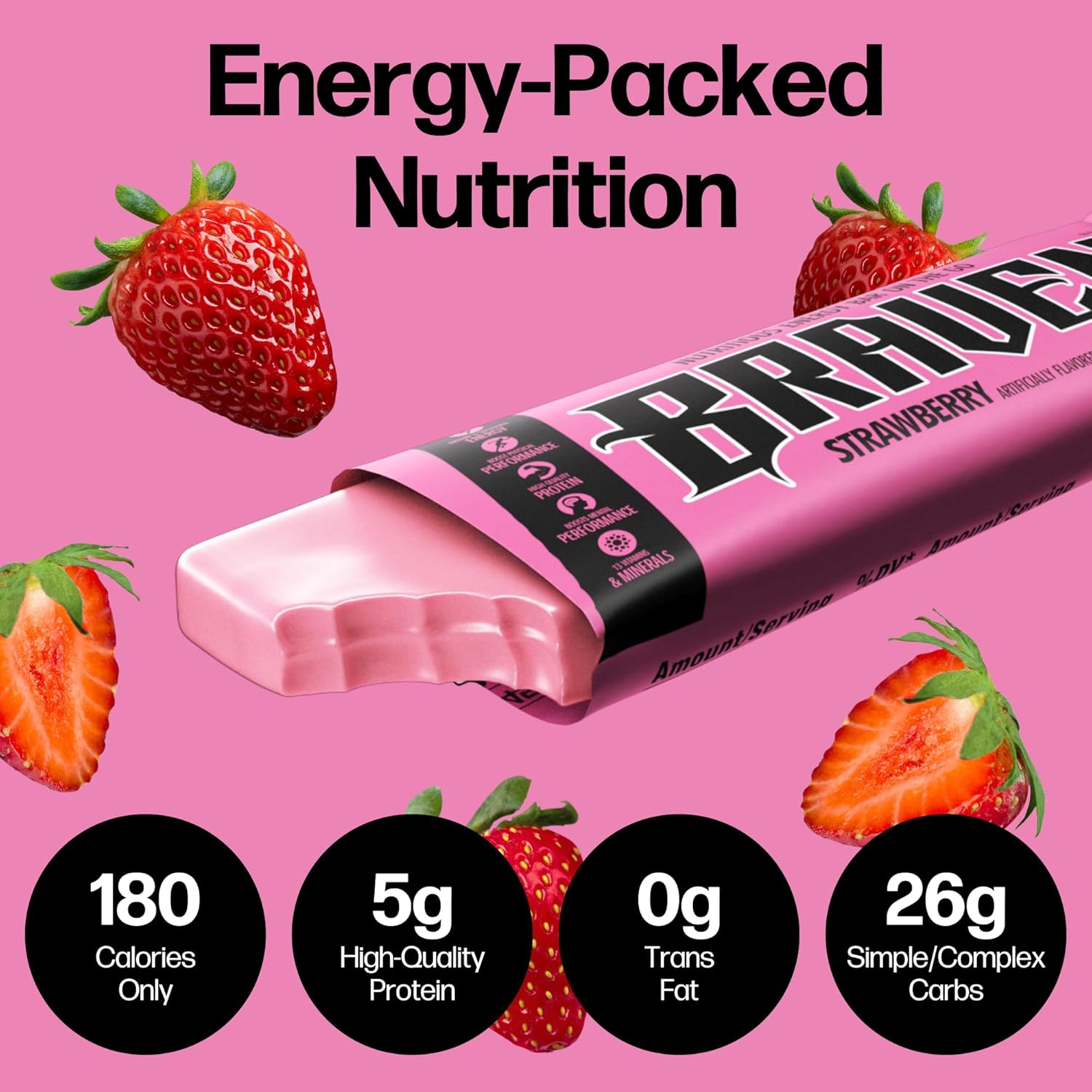 Pack of 10 Braven Bar Strawberry Energy Chews - 5g Protein, Gluten-Free Snacks for Running, Hiking, and Sports - On-the-Go Energy Boost (1.59 oz)