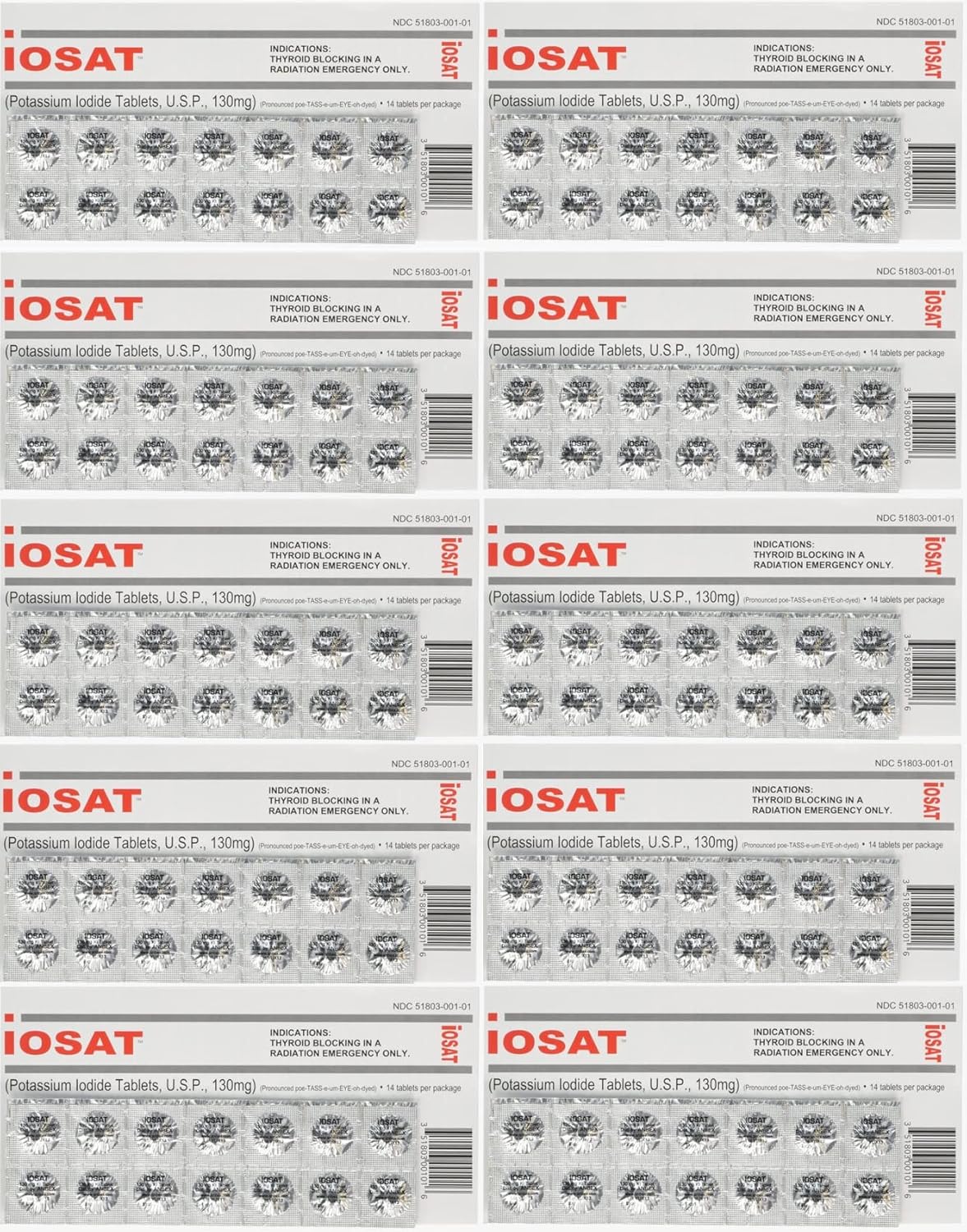 Pack of 10: IOSAT Potassium Iodide Tablets, 130 mg (14 Tablets per Pack)