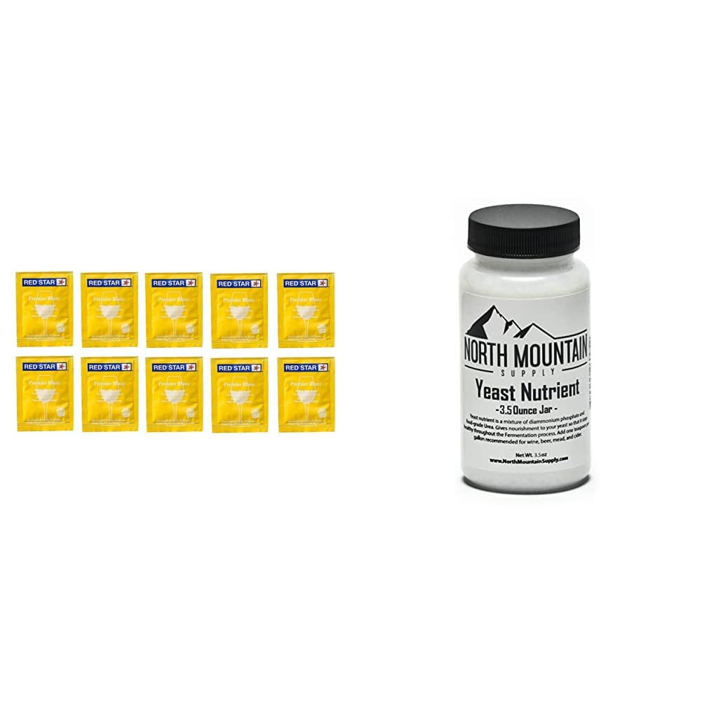 Pack of 10 Red Star Premier Blanc Champagne Yeast & 3.5 oz Jar of Food Grade Yeast Nutrient for Home Brewing