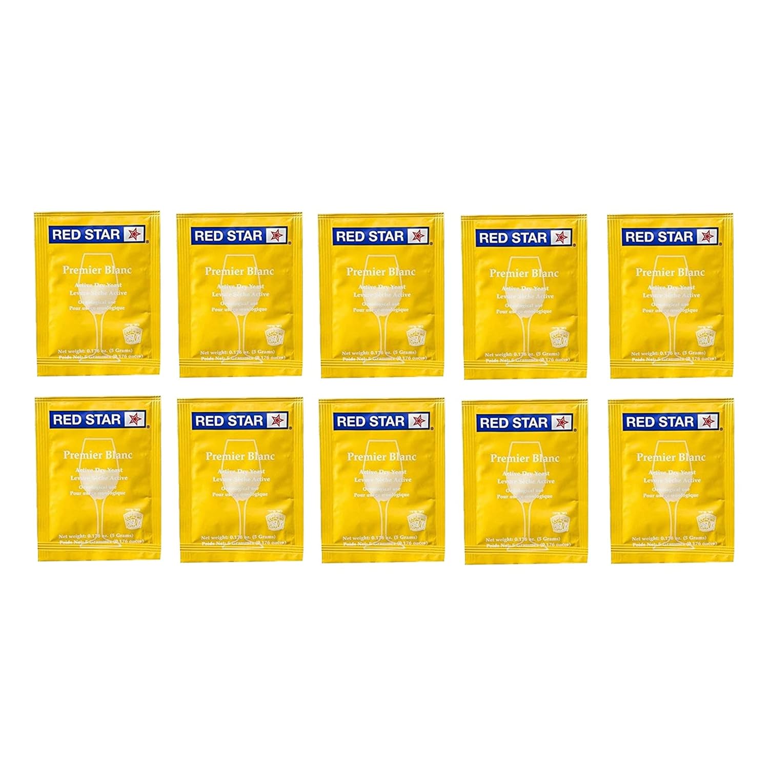 Pack of 10 Red Star Premier Blanc Champagne Yeast & 3.5 oz Jar of Food Grade Yeast Nutrient for Home Brewing