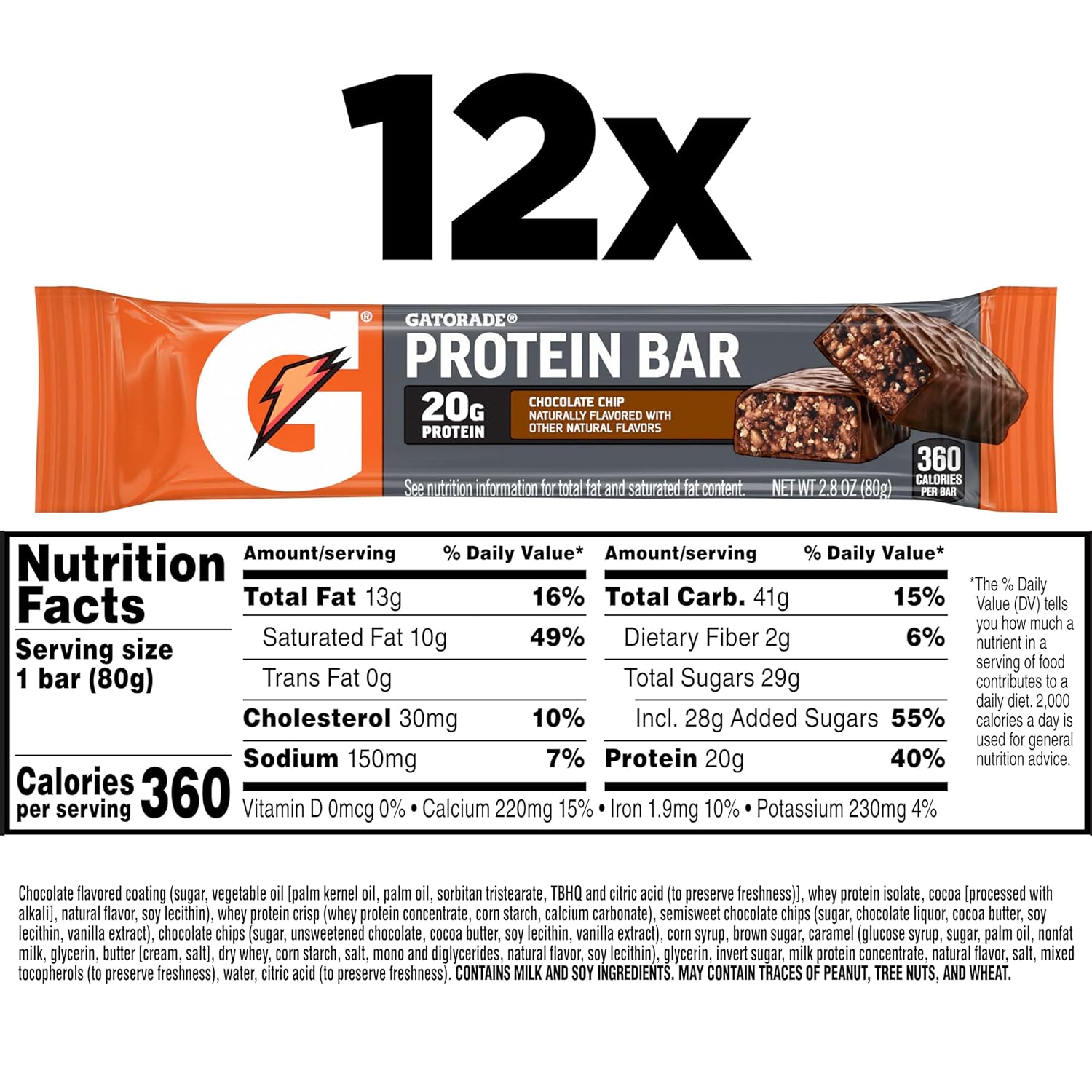 Pack of 12 Gatorade Chocolate Chip Whey Protein Recover Bars, 2.8 oz each