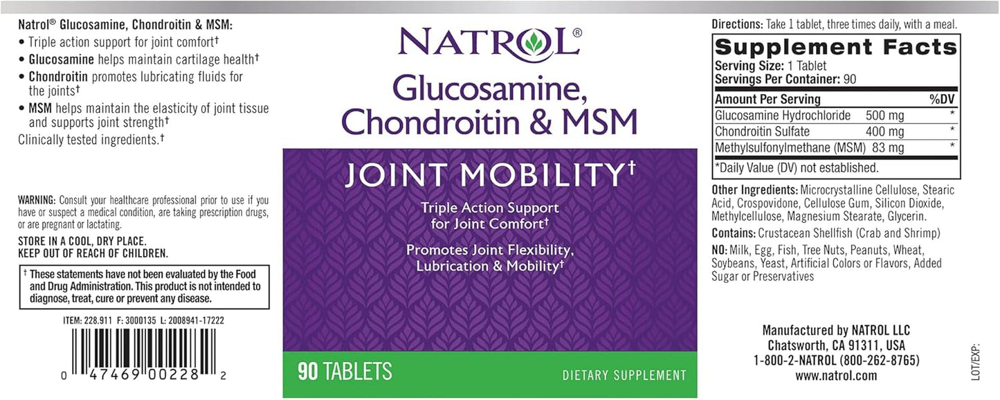 Pack of 12 Natrol Glucosamine, Chondroitin, MSM Tablets - 90 Count for Joint Mobility