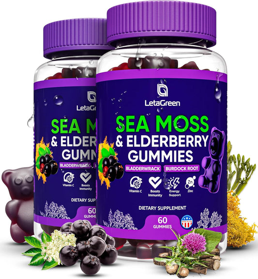 Pack of 120 LetaGreen Irish Sea Moss Gummies with Bladderwrack, Burdock Root, Elderberry, Vitamin C, and Zinc - Immune Support Gel Bears for Kids & Adults