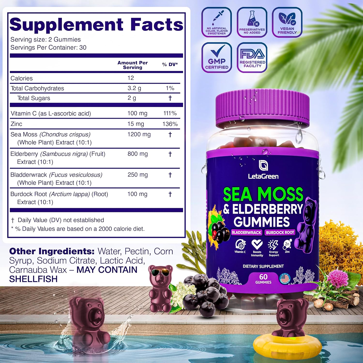 Pack of 120 LetaGreen Irish Sea Moss Gummies with Bladderwrack, Burdock Root, Elderberry, Vitamin C, and Zinc - Immune Support Gel Bears for Kids & Adults