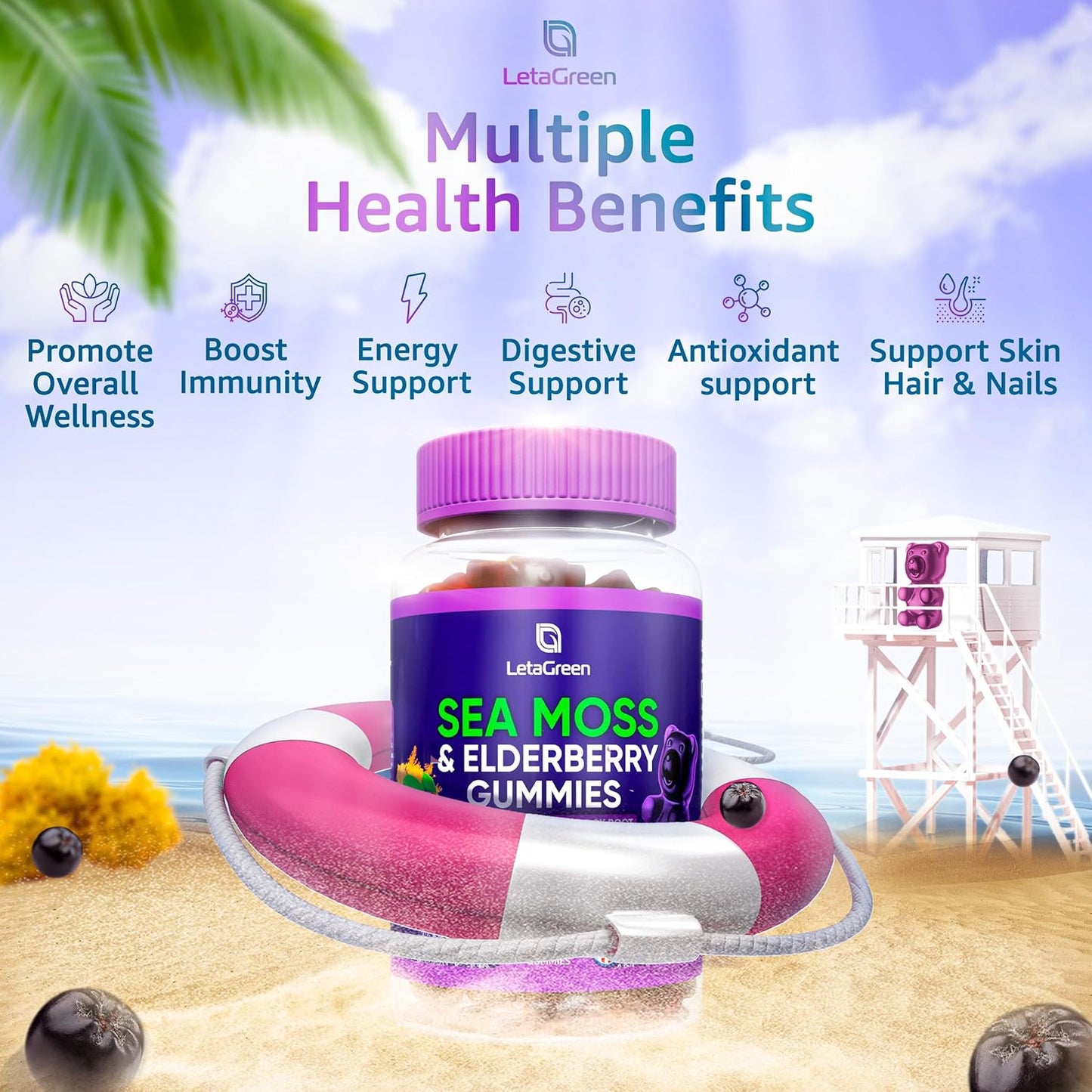 Pack of 120 LetaGreen Irish Sea Moss Gummies with Bladderwrack, Burdock Root, Elderberry, Vitamin C, and Zinc - Immune Support Gel Bears for Kids & Adults