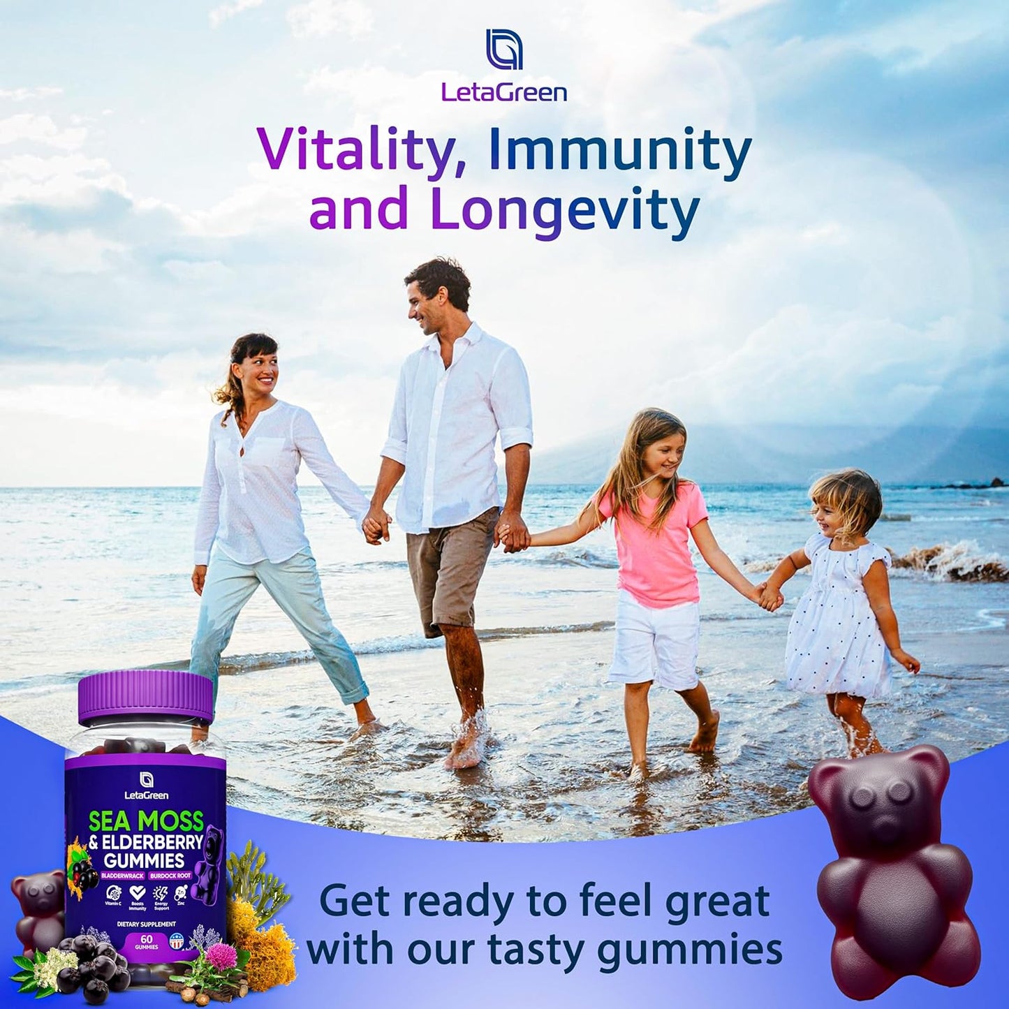 Pack of 120 LetaGreen Irish Sea Moss Gummies with Bladderwrack, Burdock Root, Elderberry, Vitamin C, and Zinc - Immune Support Gel Bears for Kids & Adults