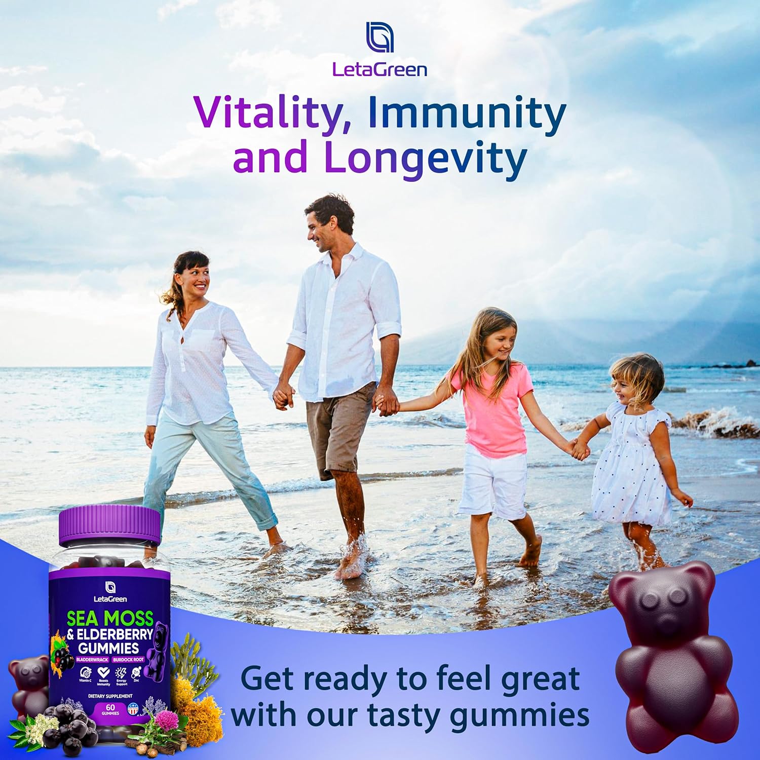 Pack of 120 LetaGreen Irish Sea Moss Gummies with Bladderwrack, Burdock Root, Elderberry, Vitamin C, and Zinc - Immune Support Gel Bears for Kids & Adults