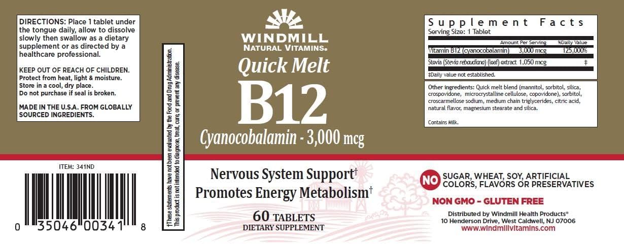 Pack of 120 Windmill B-12 3000 mcg Quick Melt Tablets