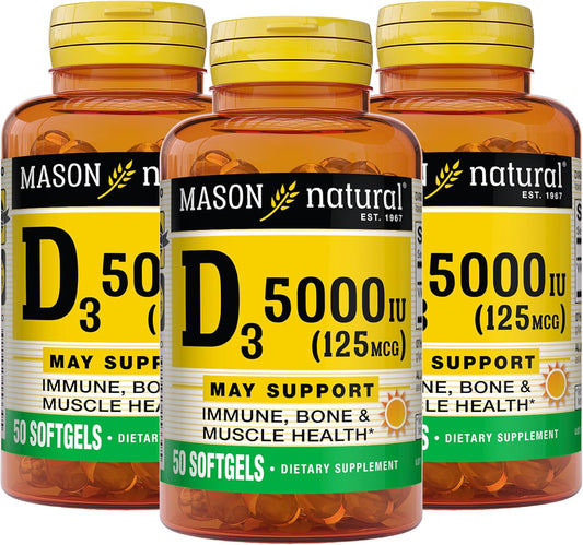Pack of 150 Mason Natural Vitamin D3 125 mcg (5000 IU) Softgels for Bone, Muscle & Immune Health - BoostGo Australia