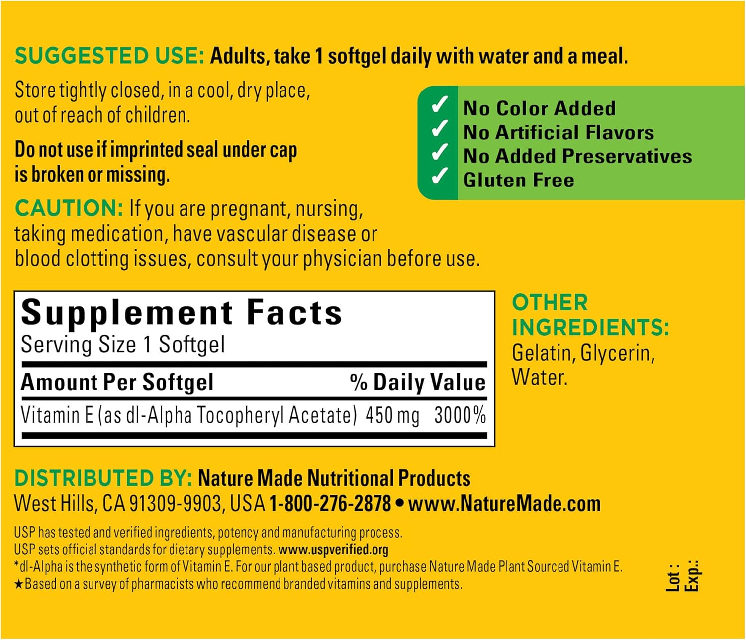 Pack of 180 Nature Made Vitamin E 450 mg (1000 IU) dl-Alpha Softgels for Antioxidant Support
