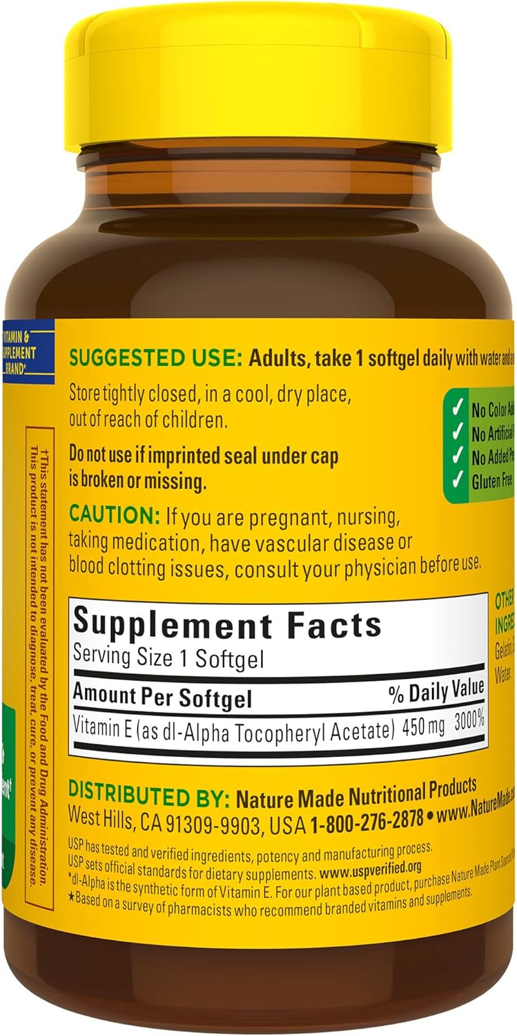Pack of 180 Nature Made Vitamin E 450 mg (1000 IU) dl-Alpha Softgels for Antioxidant Support