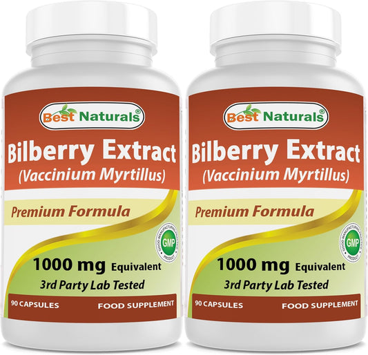 Pack of 2 Best Naturals Bilberry 1000 Mg Capsules - 90 Count Per Bottle - Total of 180 Capsules