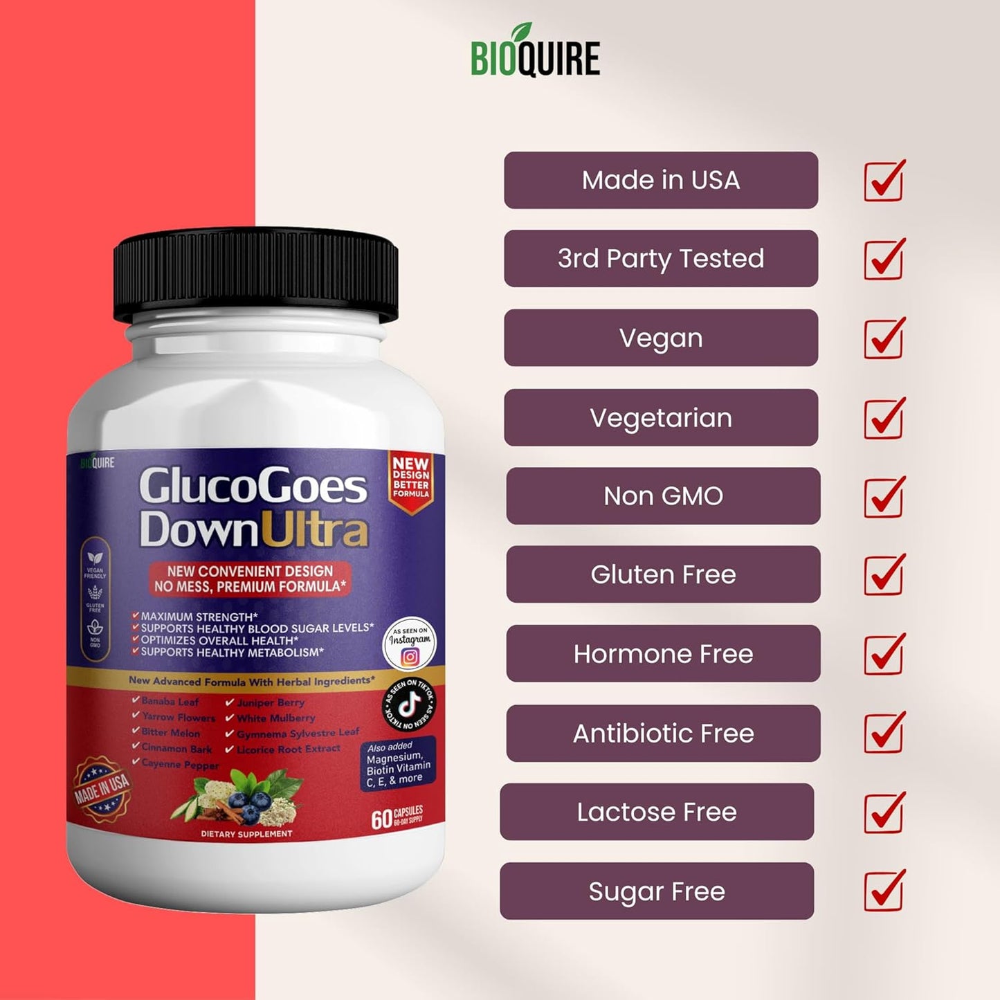 Pack of 2 BIOQUIRE GlucoGoes Down Ultra Dietary Supplement Capsules - Maximum Strength Support for Healthy Blood Sugar & Overall Health - BoostGo Australia