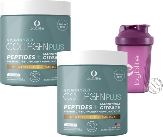 Pack of 2 Byblite Hydrolyzed Collagen with Magnesium Citrate for Digestive Health - Peptides I, II, III, Hyaluronic Acid, Biotin, Vitamins - Strengthen Nails & Hair + Shaker Bottle