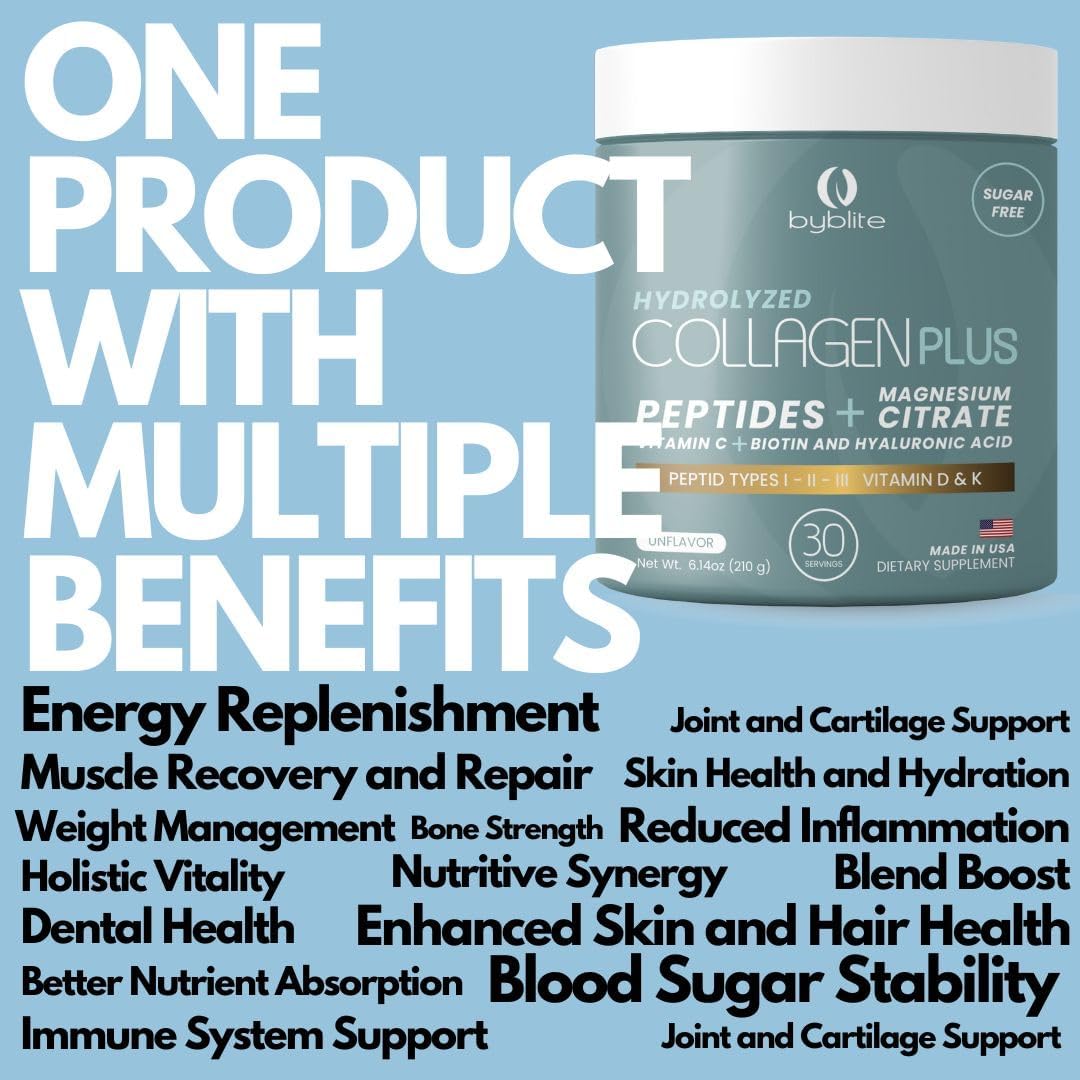 Pack of 2 Byblite Hydrolyzed Collagen with Magnesium Citrate for Digestive Health - Peptides I, II, III, Hyaluronic Acid, Biotin, Vitamins - Strengthen Nails & Hair + Shaker Bottle
