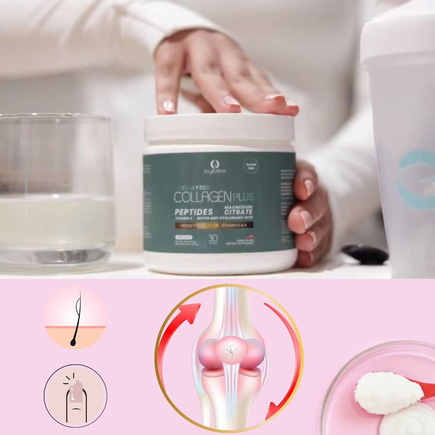 Pack of 2 Byblite Hydrolyzed Collagen with Magnesium Citrate for Digestive Health - Peptides I, II, III, Hyaluronic Acid, Biotin, Vitamins - Strengthen Nails & Hair + Shaker Bottle