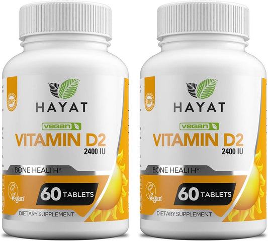 Pack of 2 HAYAT Vitamins Vegan Natural Vitamin D2 2400 IU, Halal Certified