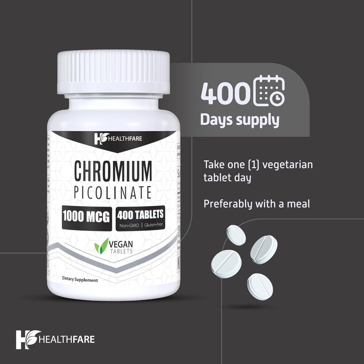 Pack of 2 Healthfare Chromium Picolinate 1000mcg Tablets - 400 Tablets Each, Gluten-Free & Non-GMO