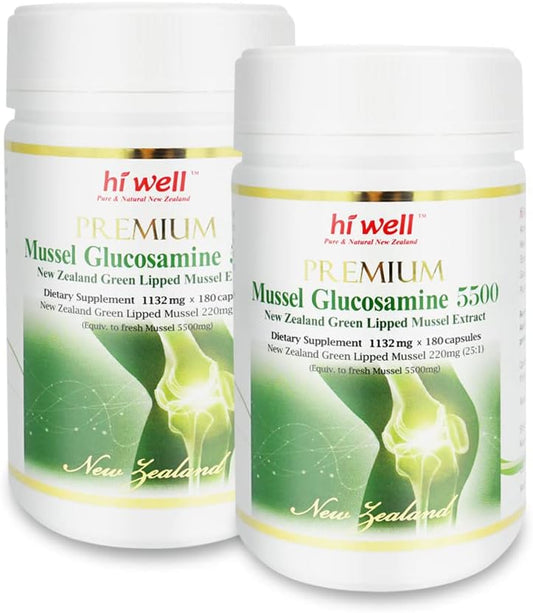 Pack of 2 Hi Well Premium Mussel Glucosamine 5500 180 VegeCapsules - Pure & Natural New Zealand