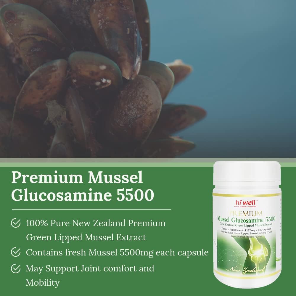 Pack of 2 Hi Well Premium Mussel Glucosamine 5500 180 VegeCapsules - Pure & Natural New Zealand
