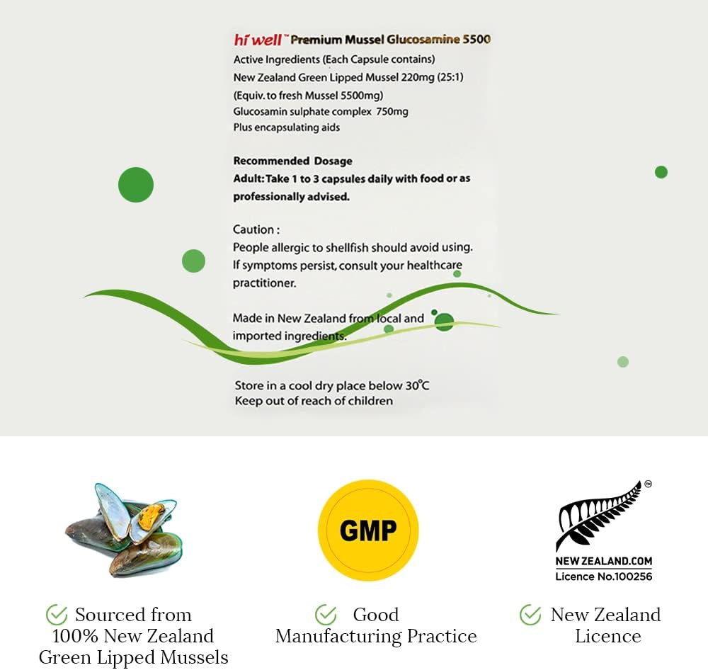 Pack of 2 Hi Well Premium Mussel Glucosamine 5500 180 VegeCapsules - Pure & Natural New Zealand