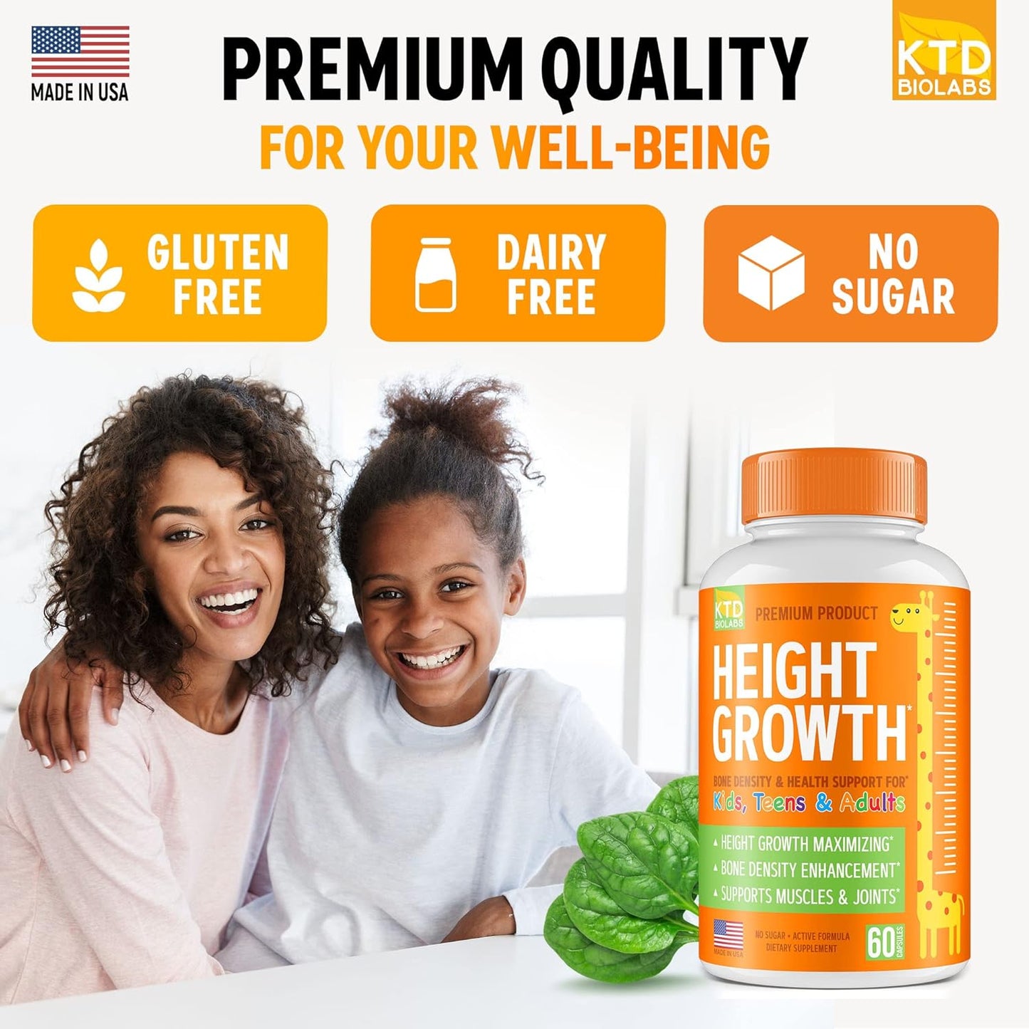 Pack of 2 KTD BIOLABS Height Growth Maximizer Pills - USA Made Natural Booster for Teens & Adults - Increase Height at Any Age - Bone Growth Supplement for Kids & Adults