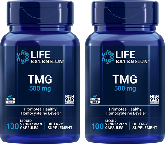 Pack of 2 Life Extension TMG 500mg Liquid Veg Caps - Trimethylglycine Supplement, Non-GMO, Gluten Free