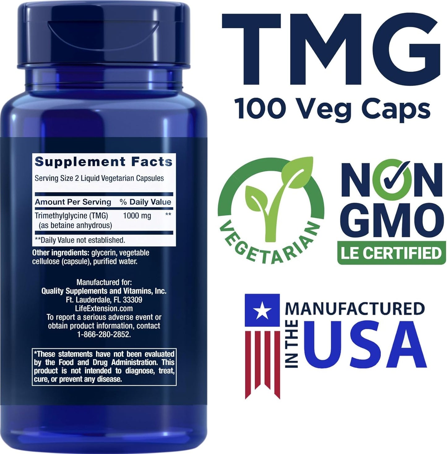Pack of 2 Life Extension TMG 500mg Liquid Veg Caps - Trimethylglycine Supplement, Non-GMO, Gluten Free
