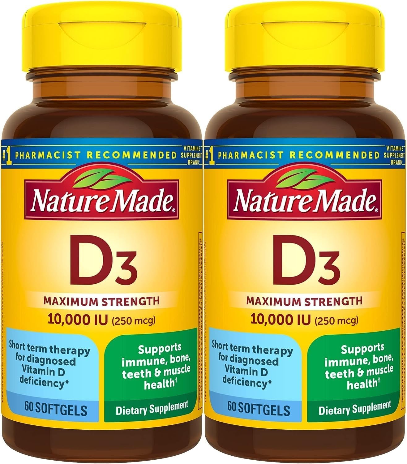 Pack of 2 Nature Made Maximum Strength Vitamin D3 10000 IU Softgels for Bone, Teeth, Muscle, and Immune Health - 60 Day Supply