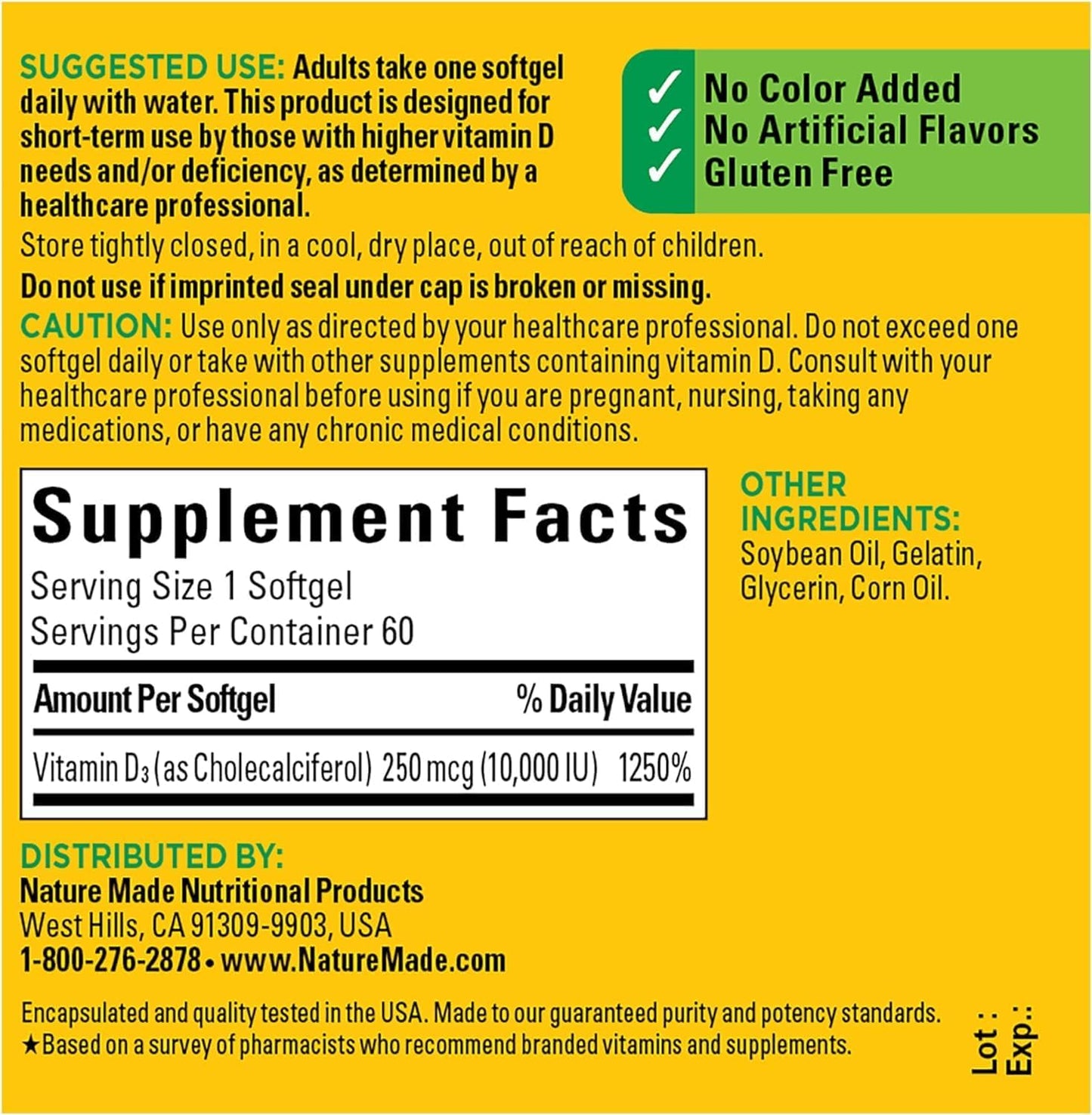 Pack of 2 Nature Made Maximum Strength Vitamin D3 10000 IU Softgels for Bone, Teeth, Muscle, and Immune Health - 60 Day Supply