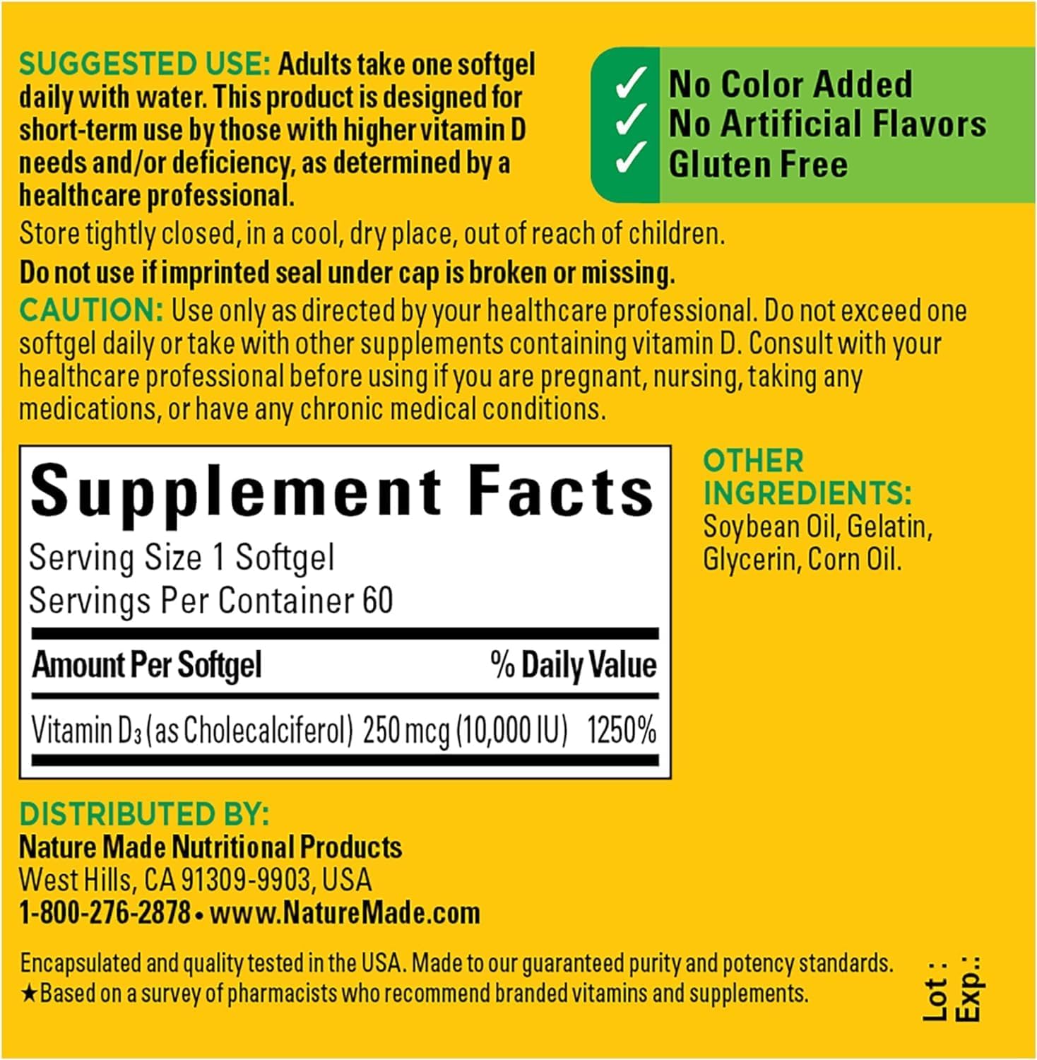 Pack of 2 Nature Made Maximum Strength Vitamin D3 10000 IU Softgels for Bone, Teeth, Muscle, and Immune Health - 60 Day Supply