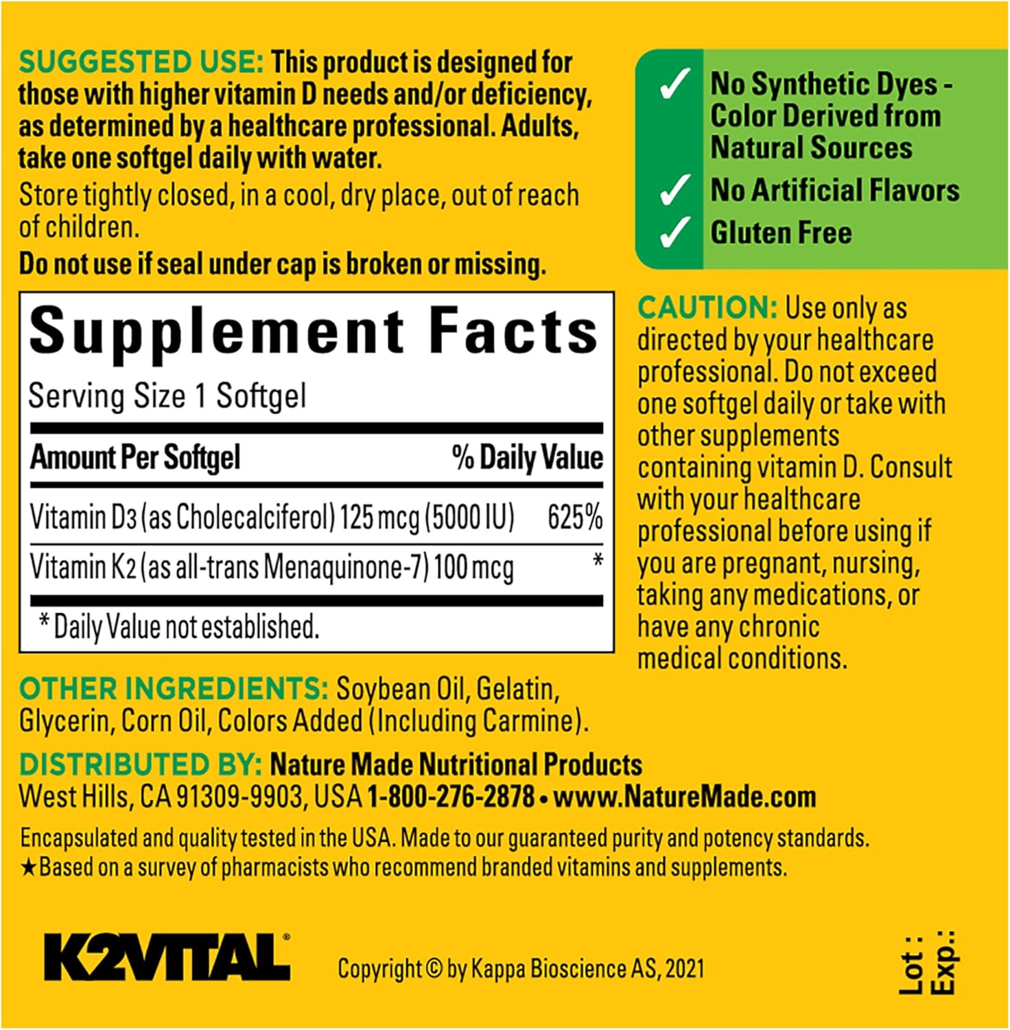 Pack of 2 Nature Made Vitamin D3 K2 Softgels, 5000 IU - Bone, Teeth, Muscle, Immune Health Support - 30 Day Supply