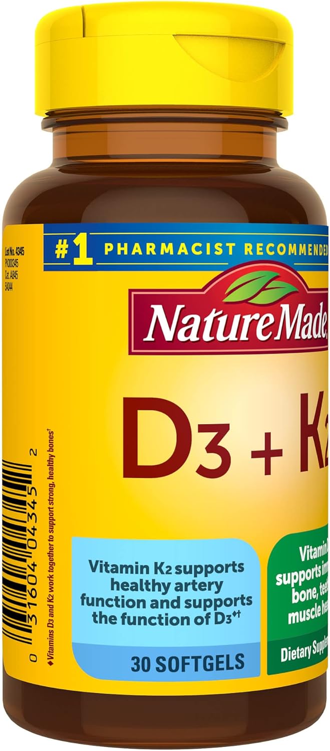 Pack of 2 Nature Made Vitamin D3 K2 Softgels, 5000 IU - Bone, Teeth, Muscle, Immune Health Support - 30 Day Supply