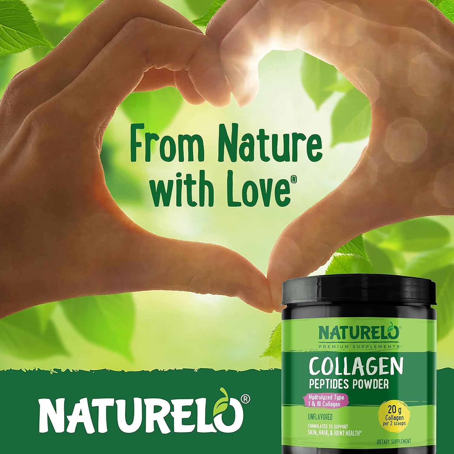 Pack of 2 NATURELO Collagen Peptide Powder - Hydrolyzed Type I & III for Skin, Hair, & Joints - Unflavored - 16oz - 90 Servings