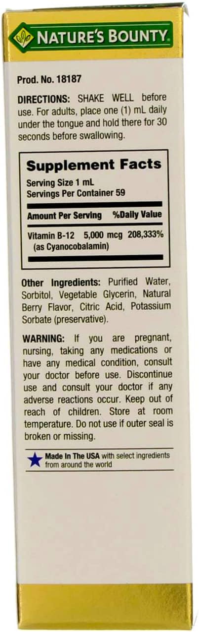 Pack of 2 Nature's Bounty B-12 5000 mcg Sublingual Liquid Energy Health Supplement 2 oz