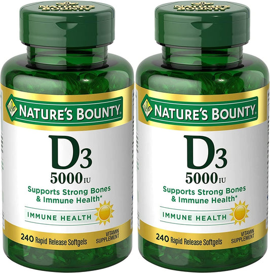 Pack of 2 Nature's Bounty Vitamin D3 5000IU Softgels for Immune Support, 240 Ct Total