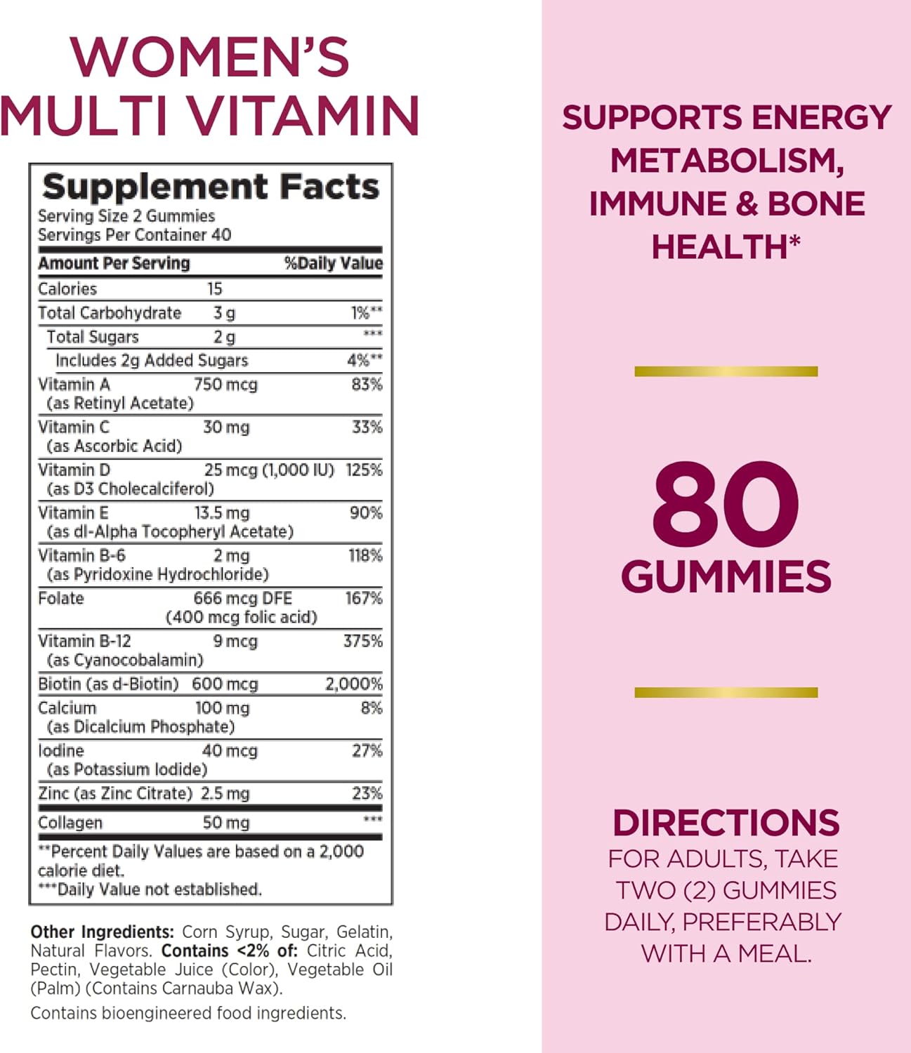 Pack of 2 Nature's Bounty Women's Multivitamin Gummies with Immune Support, Cellular Energy, Bone Health - Raspberry Flavor