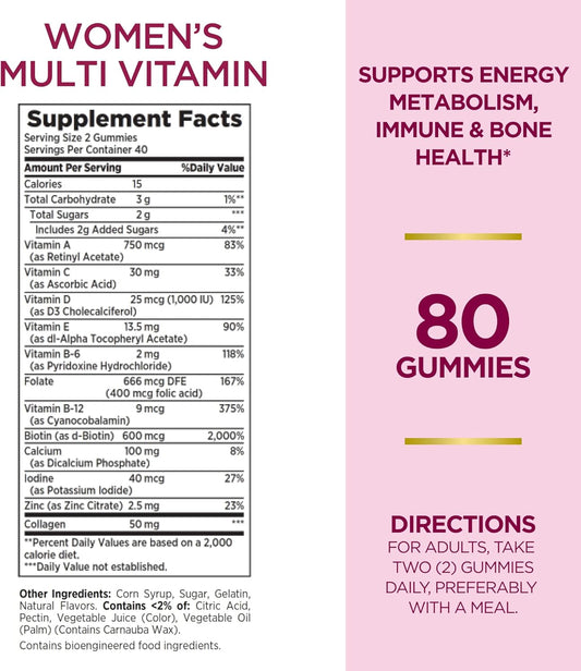 Pack of 2 Nature's Bounty Women's Multivitamin Gummies with Immune Support, Cellular Energy, Bone Health - Raspberry Flavor