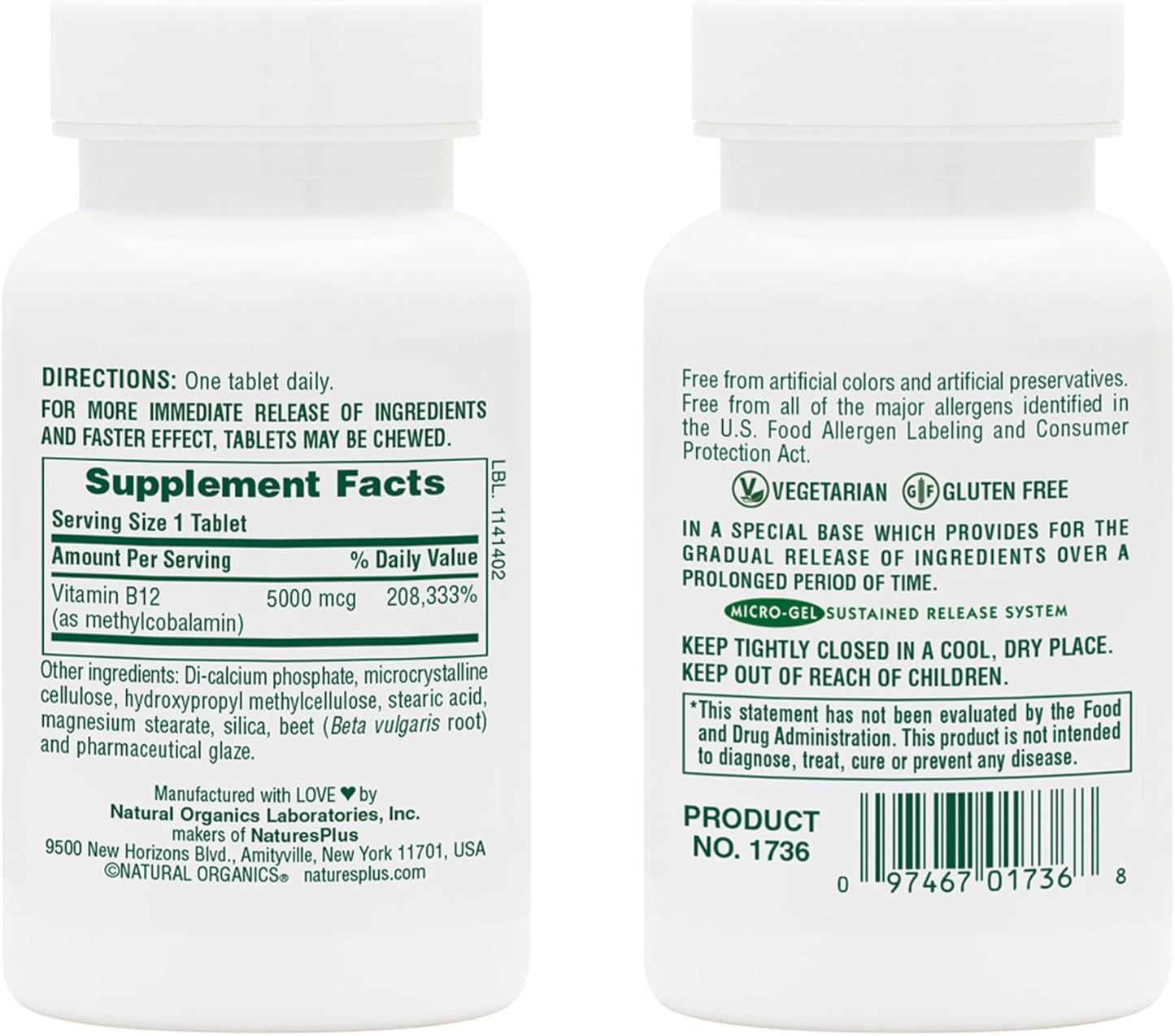 Pack of 2 Natures Plus Shot-O-B12 5000 mcg Sustained Release Tablets - Energy & Mood Support - Vegetarian & Gluten Free - 60 Servings
