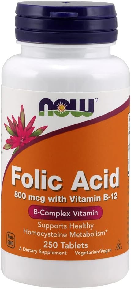 Pack of 2 NOW Foods Folic Acid 800 mcg Tablets for Daily Folate Supplementation