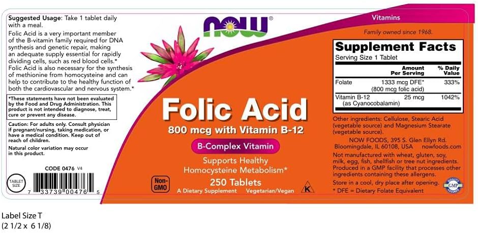 Pack of 2 NOW Foods Folic Acid 800 mcg Tablets for Daily Folate Supplementation