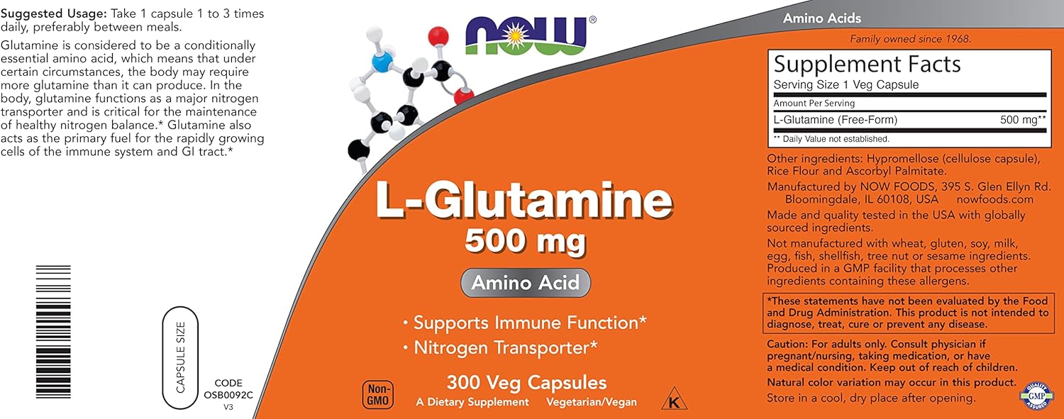Pack of 2 Now Foods L-Glutamine 500mg 300 Veg Capsules - Non-GMO & Vegan Supplement