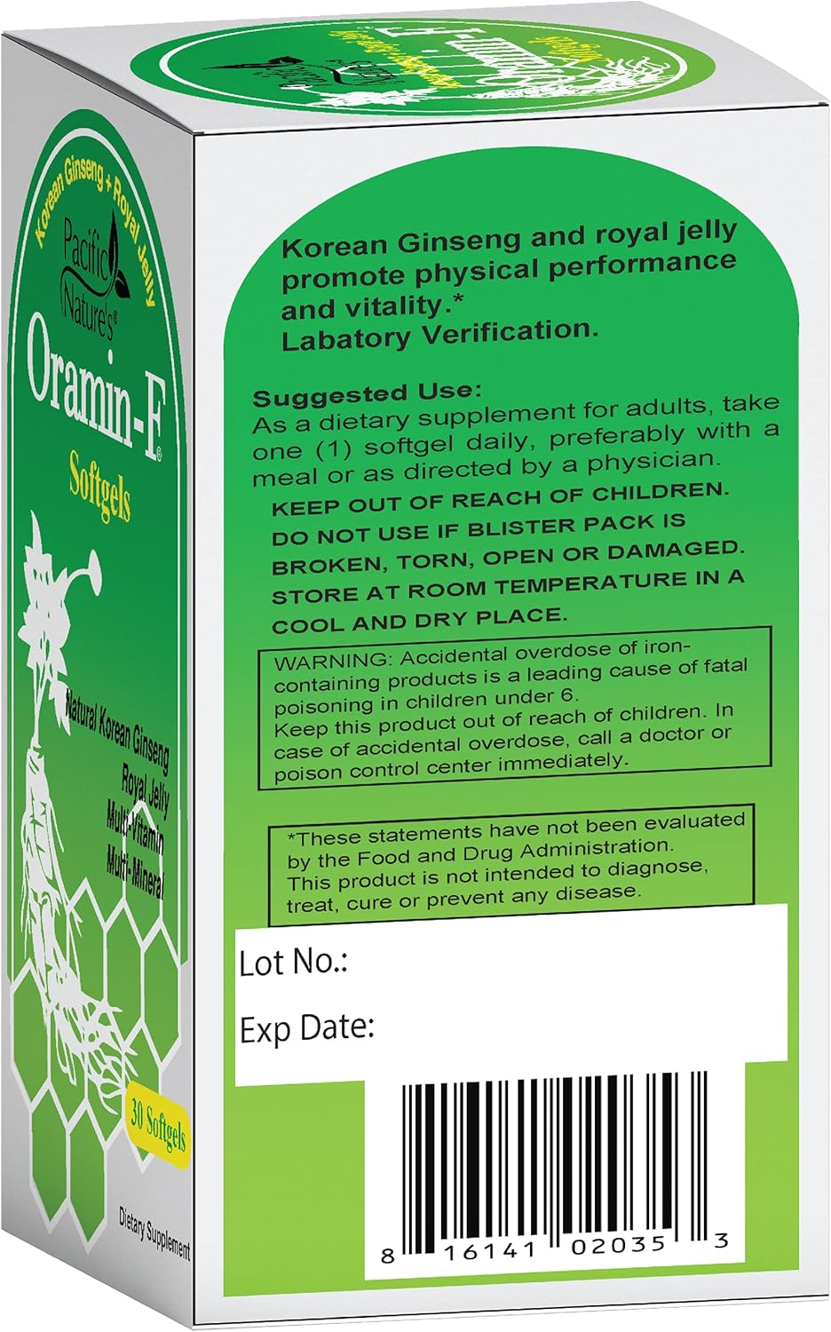 Pack of 2 Pacific Nature's Oramin F Softgels with Korean Ginseng, Royal Jelly, Vitamin B Complex, and Zinc for Energy & Immunity