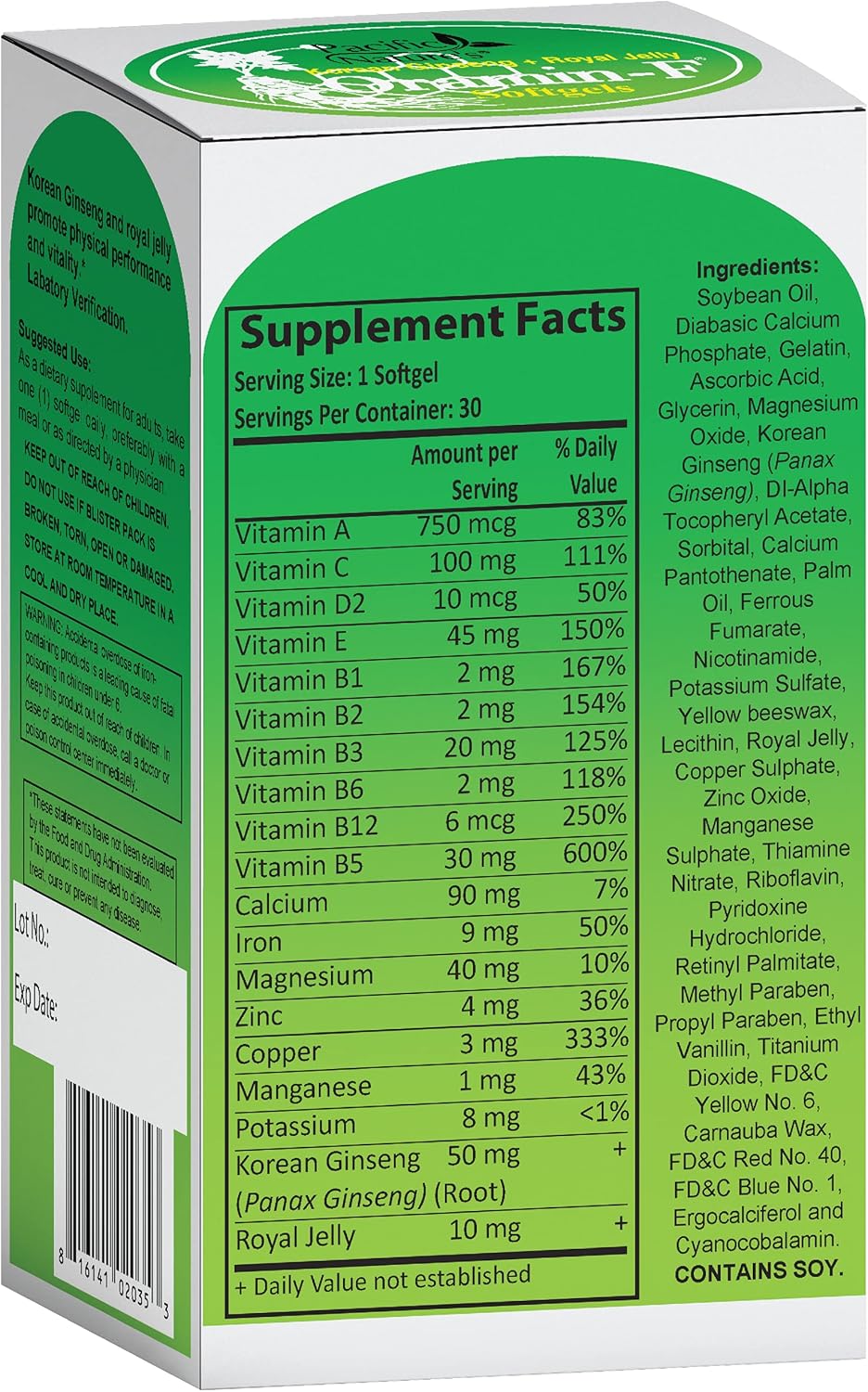 Pack of 2 Pacific Nature's Oramin F Softgels with Korean Ginseng, Royal Jelly, Vitamin B Complex, and Zinc for Energy & Immunity